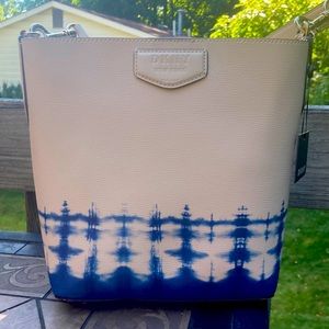DKNY Ivory with blue tie dye leather purse, simple but eye catching design.